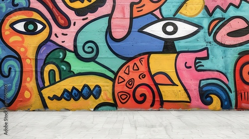 Colorful urban street mural featuring abstract faces and shapes on a concrete wall. Artistic graffiti showcasing vibrant, creative street art.