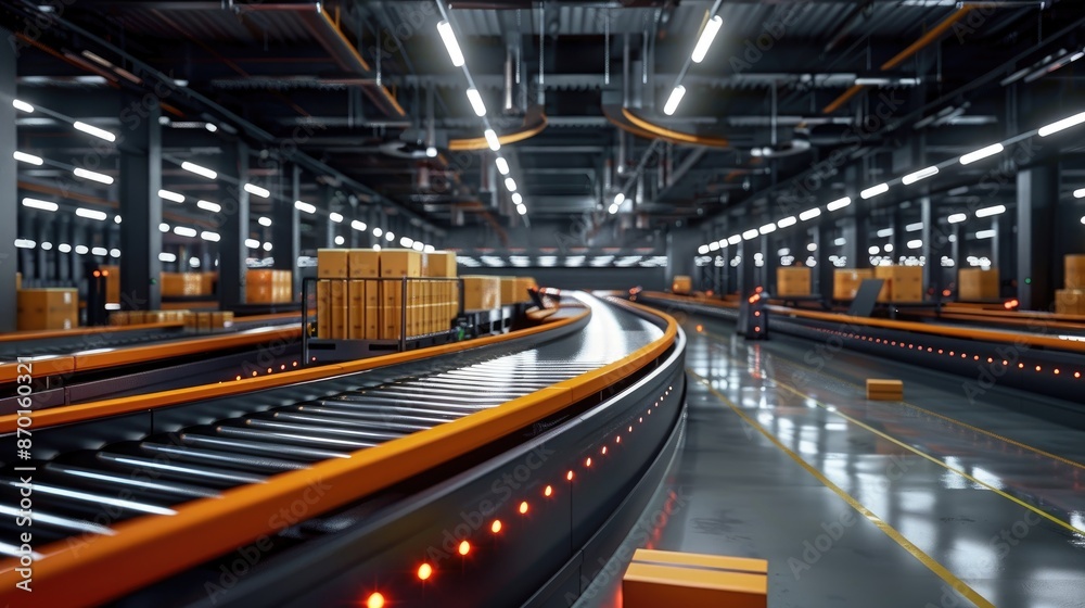Fototapeta premium High-speed conveyor belts in an automated logistics center sorting packages for delivery with minimal human interaction.