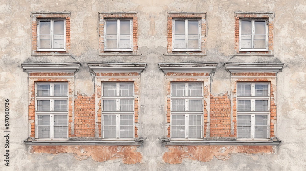 Old building exterior with four symmetrical windows, peeling paint, and exposed bricks. Historic architecture, urban decay effect. Old building exterior with four symmetrical windows, peeling paint, and exposed bricks. Historic architecture, urban decay effect.