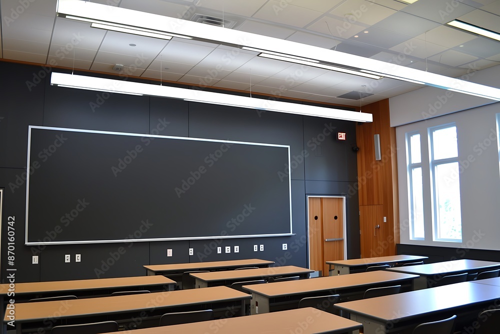 A clean blackboard in a classroom with sleek, modern design, bright lighting, and motivational quotes on the walls A clean blackboard in a classroom with sleek, modern design, bright lighting, and motivational quotes on the walls