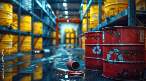 Industrial facility with clearly labeled hazardous waste containers, ensuring safe disposal practices, compliance with regulations