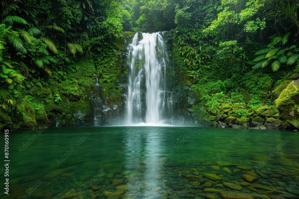 Fototapeta premium Serene waterfall cascading into a crystal-clear pool surrounded by lush, green foliage in a tranquil forest setting.