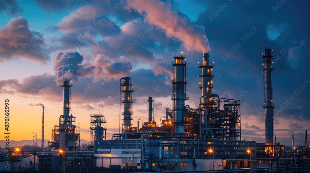 Large industrial plant with many tall smokestacks is lit up at night. The sky is cloudy and the sun is setting Large industrial plant with many tall smokestacks is lit up at night. The sky is cloudy and the sun is setting