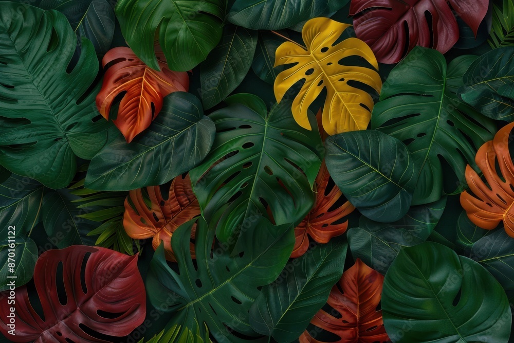 Naklejka premium Tropical foliage background with vibrant green, yellow, and red monstera leaves creating a lush and colorful pattern.