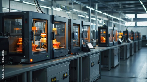 Large-scale 3D printing facility producing complex parts, with multiple printers in operation.