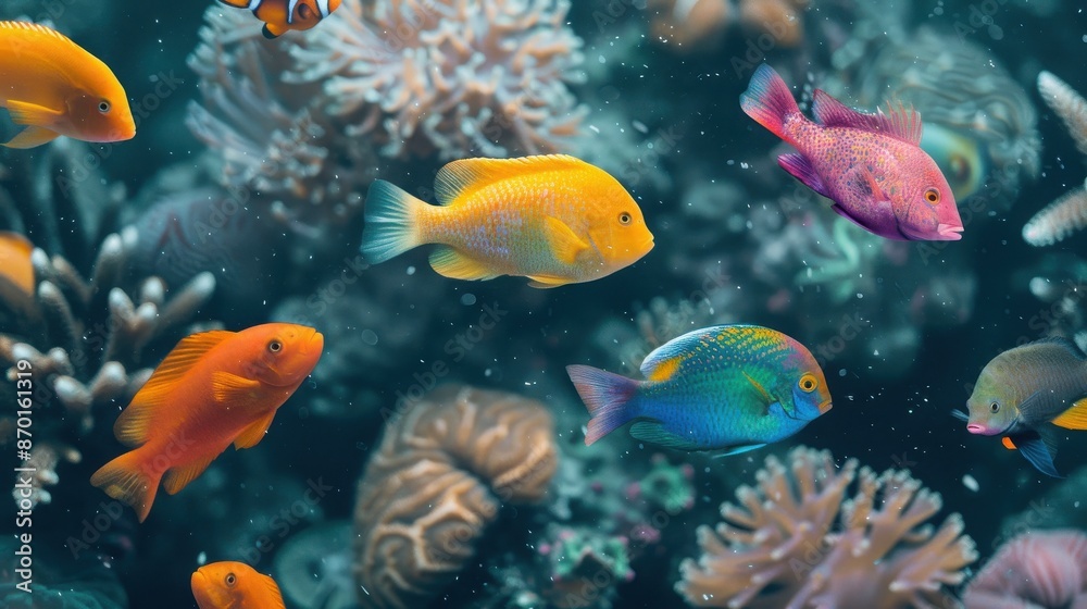 Fototapeta premium Vibrant tropical fish swimming among colorful coral reefs in a clear blue ocean, showcasing underwater marine life.