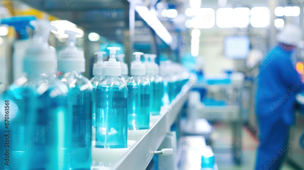 Chemical production line in the factory is modern, clean and efficient. Soft Focus Employee while the cleaning solution bottle. Chemical production line in the factory is modern, clean and efficient. Soft Focus Employee while the cleaning solution bottle.