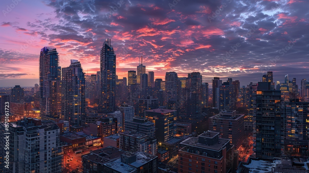 Bustling city skyline at dusk with bright skyscrapers contrasting with the evening sky. Bustling city skyline at dusk with bright skyscrapers contrasting with the evening sky.