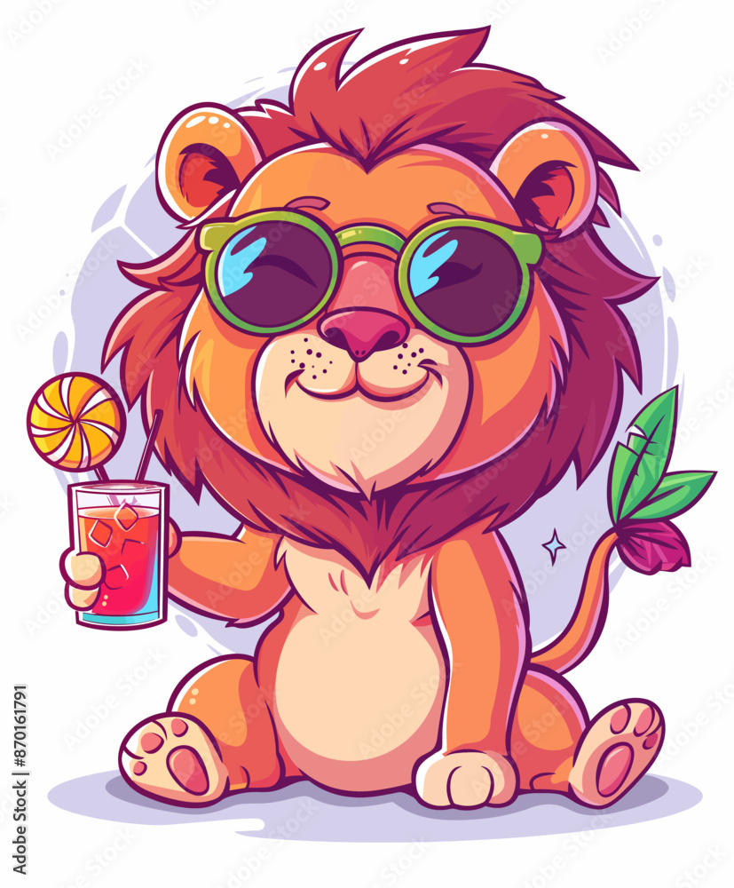 Fototapeta premium Funny lion drinks a fruit juice with sunglasses