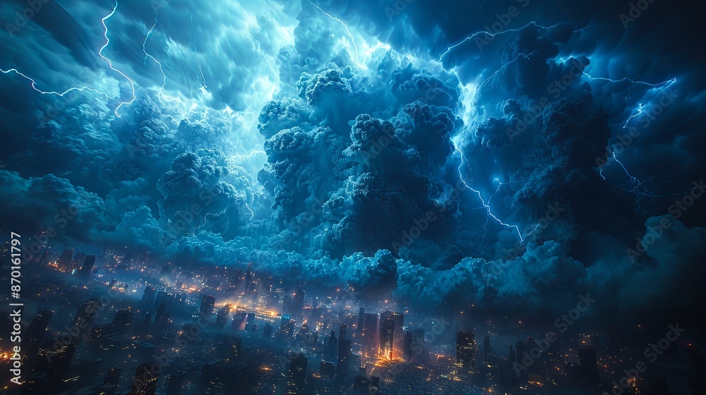 Fototapeta premium A city is covered in clouds and lightning.