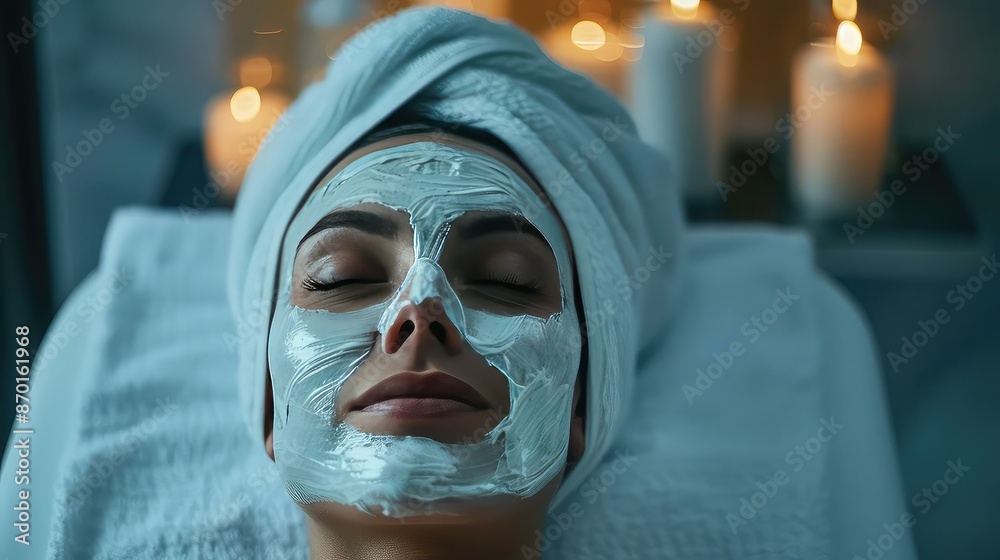Serene woman lying on a spa bed, beautician applying a white clay mask with precision, peaceful surroundings, relaxing music in background Serene woman lying on a spa bed, beautician applying a white clay mask with precision, peaceful surroundings, relaxing music in background