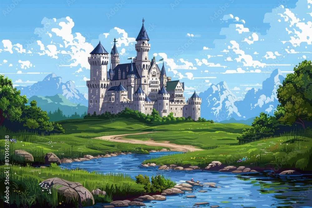 Naklejka premium A majestic fairytale castle nestled in a lush green landscape with a tranquil river flowing by and mountains in the background.