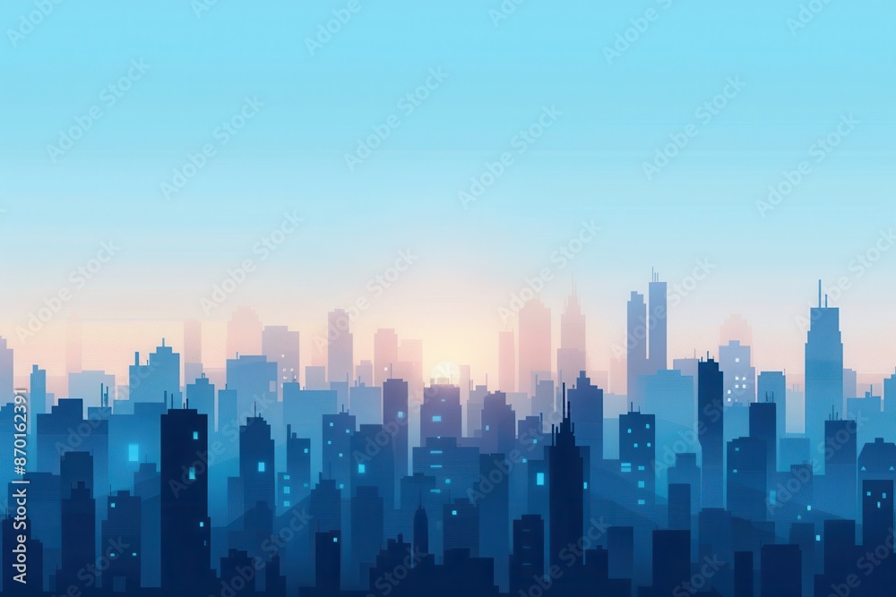 Beautiful sunrise skyline of a bustling urban city with modern skyscrapers silhouetted against a clear, blue sky. Beautiful sunrise skyline of a bustling urban city with modern skyscrapers silhouetted against a clear, blue sky.
