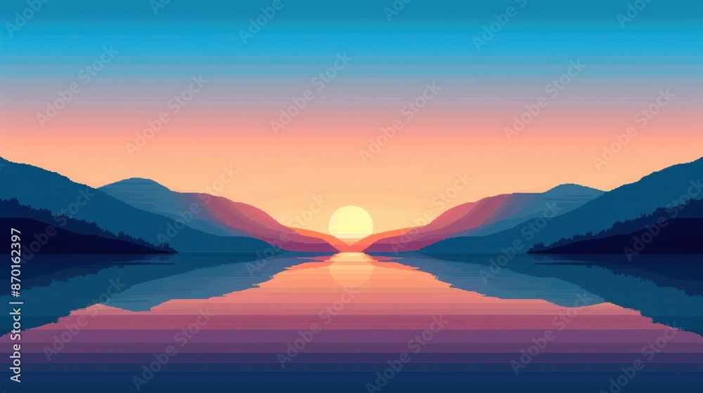 Fototapeta premium Beautiful illustration of a serene sunset over a calm lake with mountains in the background, showcasing vibrant colors and tranquil scenery.