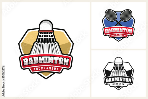 Badminton logo template emblem style. badminton vector illustration suitable for sports club emblems, academy, competitions, championships, tournaments, t-shirt designs, sticker etc
