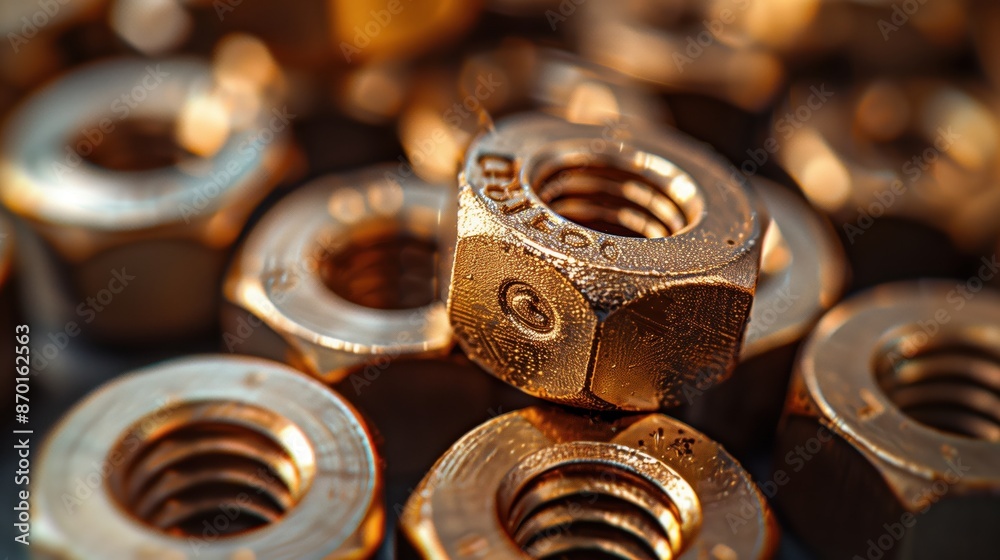 Golden nut in sharp focus with a blurred background of other nuts, highlighting its detailed surface and metallic shine, used in various industrial applications. Golden nut in sharp focus with a blurred background of other nuts, highlighting its detailed surface and metallic shine, used in various industrial applications.