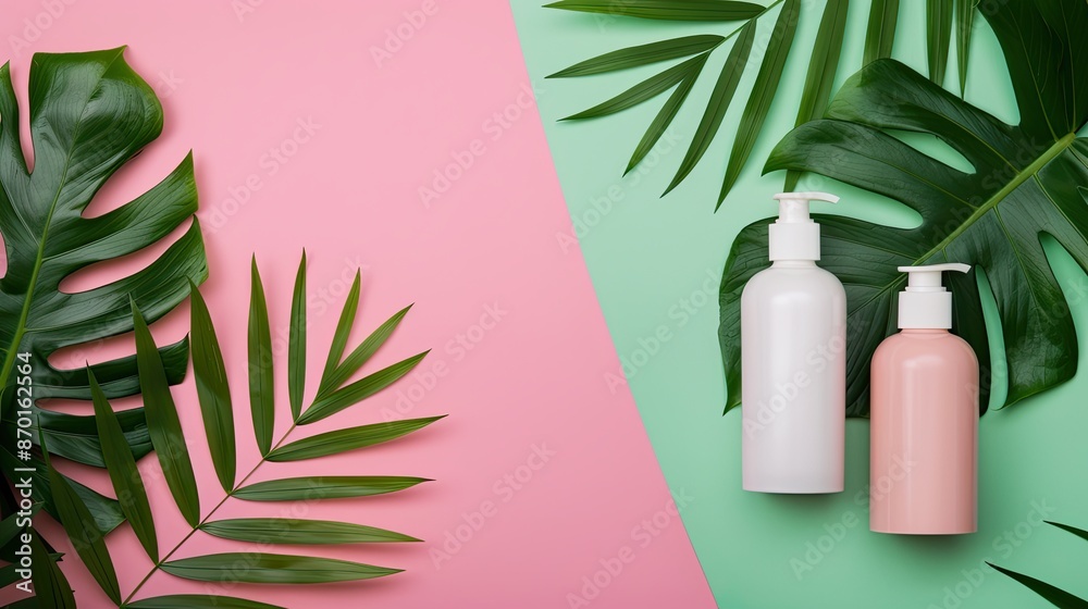 Cosmetic bottles on colorful backdrop, tropical leaves, right blank space, fresh and lively Cosmetic bottles on colorful backdrop, tropical leaves, right blank space, fresh and lively