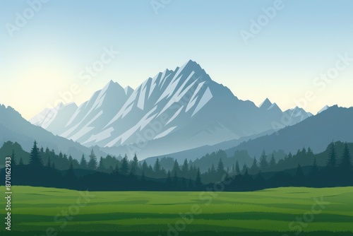 Scenic mountain range with snow-capped peaks, green pasture, and pine forest under a clear blue sky, perfect for outdoor and nature themes.