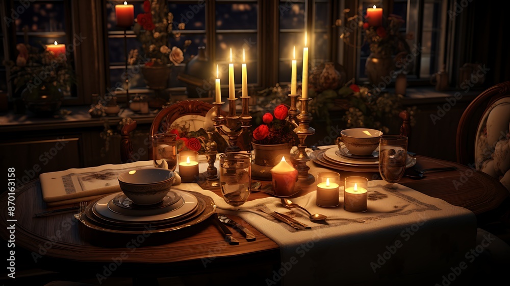 An elegant dining table set for a romantic candlelit dinner, creating a cozy ambiance for two An elegant dining table set for a romantic candlelit dinner, creating a cozy ambiance for two