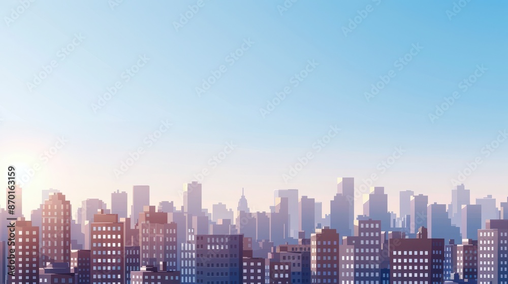 Fototapeta premium Sunrise over a modern city skyline with clear blue skies, showcasing tall buildings and a serene urban landscape.