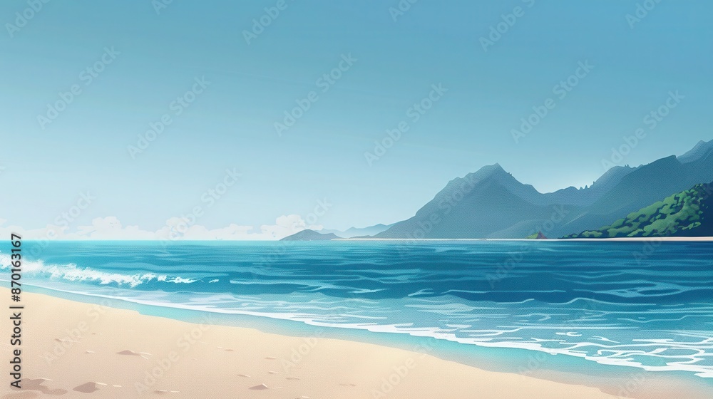 Tranquil beach scene with clear blue waters and distant mountains, perfect for vacation and travel concepts. Tranquil beach scene with clear blue waters and distant mountains, perfect for vacation and travel concepts.
