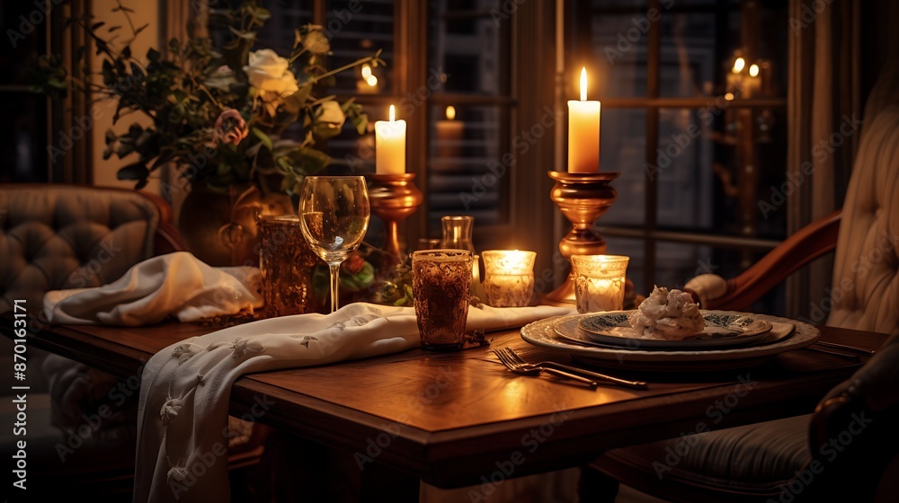 An elegant dining table set for a romantic candlelit dinner, creating a cozy ambiance for two An elegant dining table set for a romantic candlelit dinner, creating a cozy ambiance for two