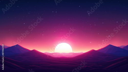 Stunning neon sunset over mountains with starry sky. Vibrant colors create a futuristic, dreamlike landscape, perfect for digital art and backgrounds.