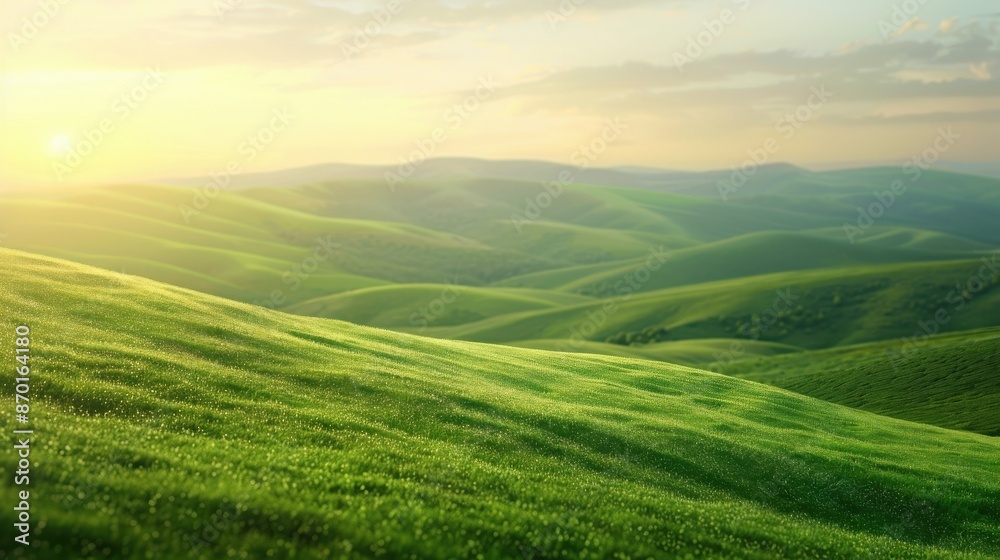 Obraz premium A serene landscape of rolling green hills bathed in warm sunlight, under a partly cloudy sky, creating a tranquil and picturesque scene.