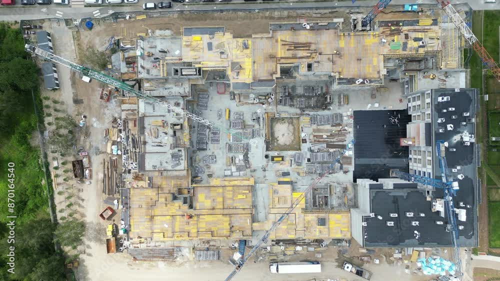 Aerial view of construction site with crane and building. Top view of big development construction and architecture Aerial view of construction site with crane and building. Top view of big development construction and architecture