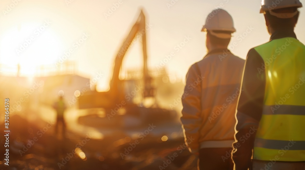 Construction workers on-site wearing safety gear, observing machinery during sunrise, conveying teamwork, dedication, and industrial progress. Construction workers on-site wearing safety gear, observing machinery during sunrise, conveying teamwork, dedication, and industrial progress.