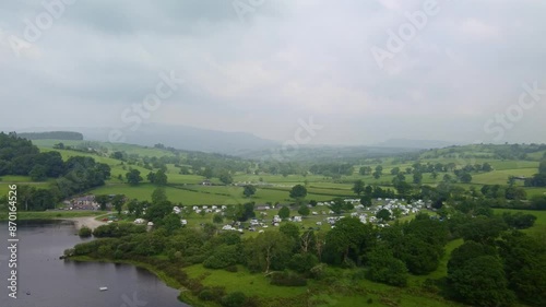 Aerial 4K Drone footage high over Lake Bala, then over toGlanllun Caravan and Camping Park inNorth Wales. photo