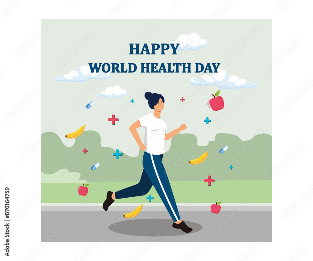 World health day with girl running. flat vector modern illustration