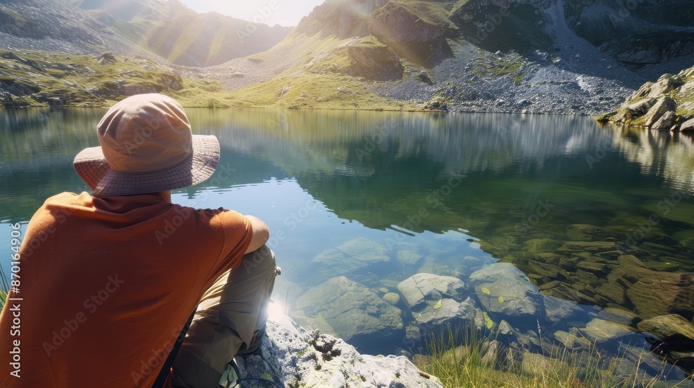 Person in red shirt and hat admires serene mountain lake at sunrise, reflecting calm waters and rugged landscape. Peaceful escape into nature. Person in red shirt and hat admires serene mountain lake at sunrise, reflecting calm waters and rugged landscape. Peaceful escape into nature.