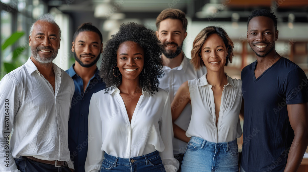 Diverse multiethnic business team happy smiling office workers standing together in modern bright office confident Black woman white blouse jeans Diverse multiethnic business team happy smiling office workers standing together in modern bright office confident Black woman white blouse jeans