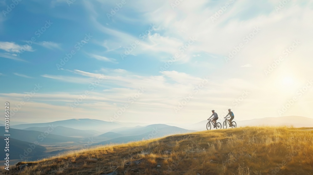 Fototapeta premium Two cyclists enjoy a scenic mountain bike ride at dawn with a beautiful sky, capturing the essence of adventure and exploration.