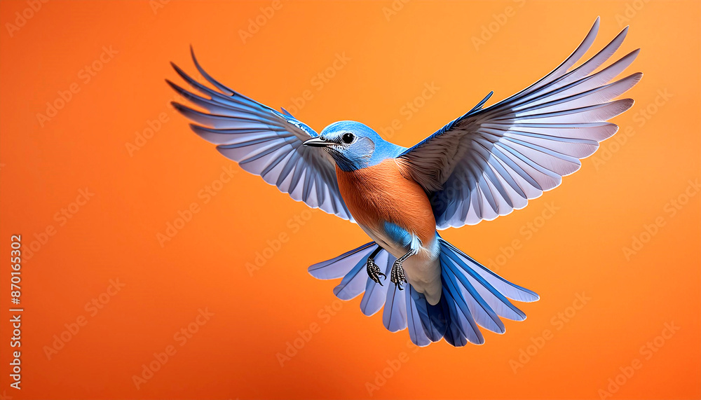 Obraz premium Vibrant, minimalistic depiction of a bluebird in flight. Orange background. 6