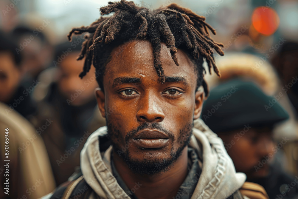 African American Man with Dreadlocks and Sad Expression in Front of Crowd in Post-Apocalyptic Urban Setting African American Man with Dreadlocks and Sad Expression in Front of Crowd in Post-Apocalyptic Urban Setting