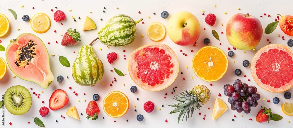 A collection of various fruits on a white background, with apples and pears in the center, surrounded by watermelons, grapes, oranges, lemons, pineapples, and more. Isolated on a pastel background. A collection of various fruits on a white background, with apples and pears in the center, surrounded by watermelons, grapes, oranges, lemons, pineapples, and more. Isolated on a pastel background.