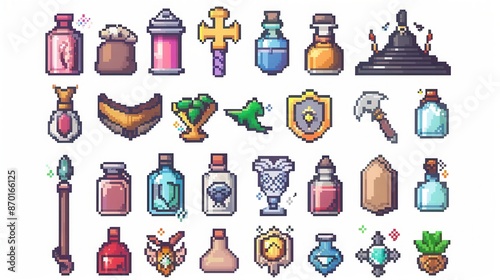 A collection of colorful pixel art icons featuring various fantasy items like potions, shields, amulets, and more, perfect for game design.