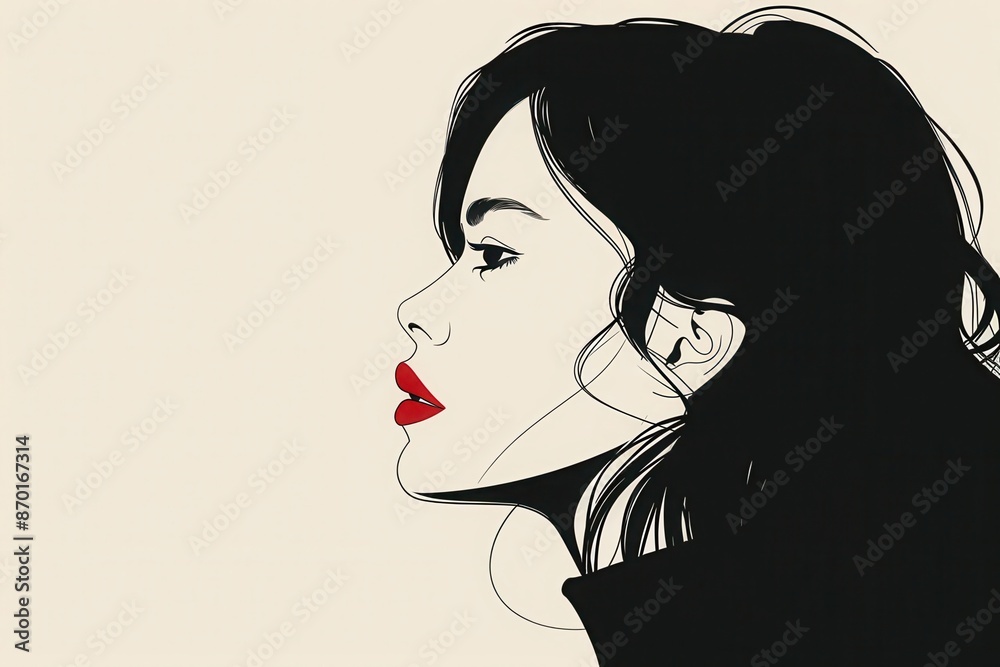Elegant minimalist woman profile illustration with black hair and red lips, stylish artistic illustration, side view. Elegant minimalist woman profile illustration with black hair and red lips, stylish artistic illustration, side view.