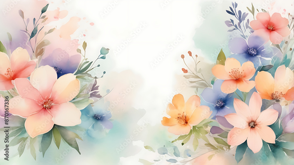 Fototapeta premium A watercolor background with delicate, blooming flowers in vibrant colors. The design should be soft and airy, with ample space for text overlays. 