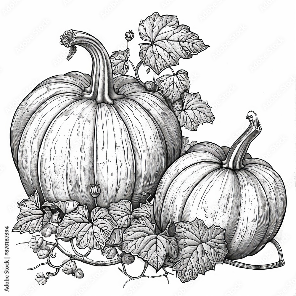 Delicate Pumpkin Patch Line Art for Fall Harvest Design on White Background Delicate Pumpkin Patch Line Art for Fall Harvest Design on White Background