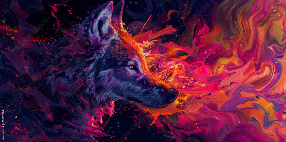 An abstract wolf is in profile with a colorful explosion in the background. An abstract wolf is in profile with a colorful explosion in the background.