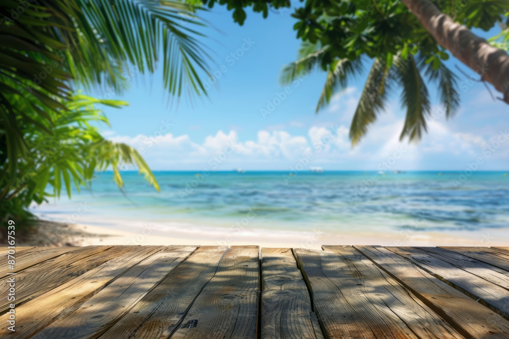 An empty wooden table top with a blurred tropical beach background for product display presentation, suitable for a summer vacation concept. An empty wooden table top with a blurred tropical beach background for product display presentation, suitable for a summer vacation concept.