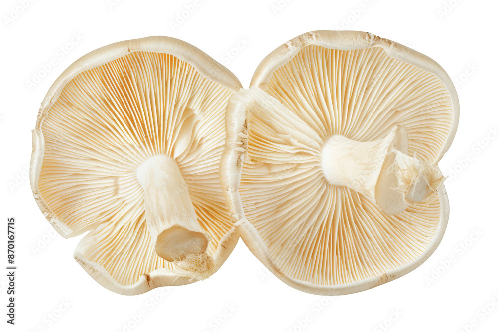 Sliced mushrooms isolated on a transparent background, viewed from a top view, depicting shiny, fresh mushrooms with a long white cap and gills cut in half. Sliced mushrooms isolated on a transparent background, viewed from a top view, depicting shiny, fresh mushrooms with a long white cap and gills cut in half.