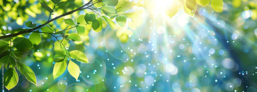 A spring background with sun rays and leaves on a sky banner, with copy space concept for nature's springtime season or ecology healthy lifestyle. A spring background with sun rays and leaves on a sky banner, with copy space concept for nature's springtime season or ecology healthy lifestyle.