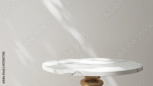 Photography Round white marble pedestal table podium in dapple sunlight, leaf shadow on whit