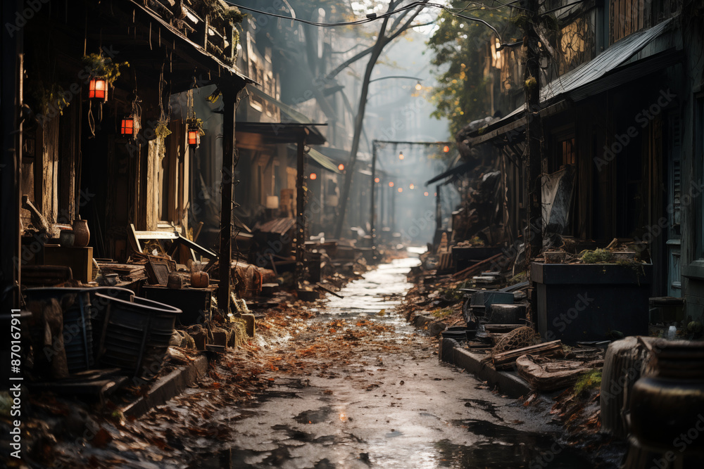 A Post-apocalyptic Of A Deserted City Street Overrun By Zombies, With Tattered Halloween Decorations Fluttering In The Wind A Post-apocalyptic Of A Deserted City Street Overrun By Zombies, With Tattered Halloween Decorations Fluttering In The Wind