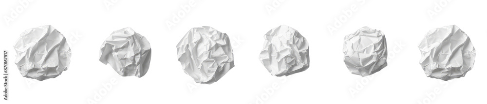 A set of crumpled paper balls isolated on a transparent background, viewed from the top. A set of crumpled paper balls isolated on a transparent background, viewed from the top.