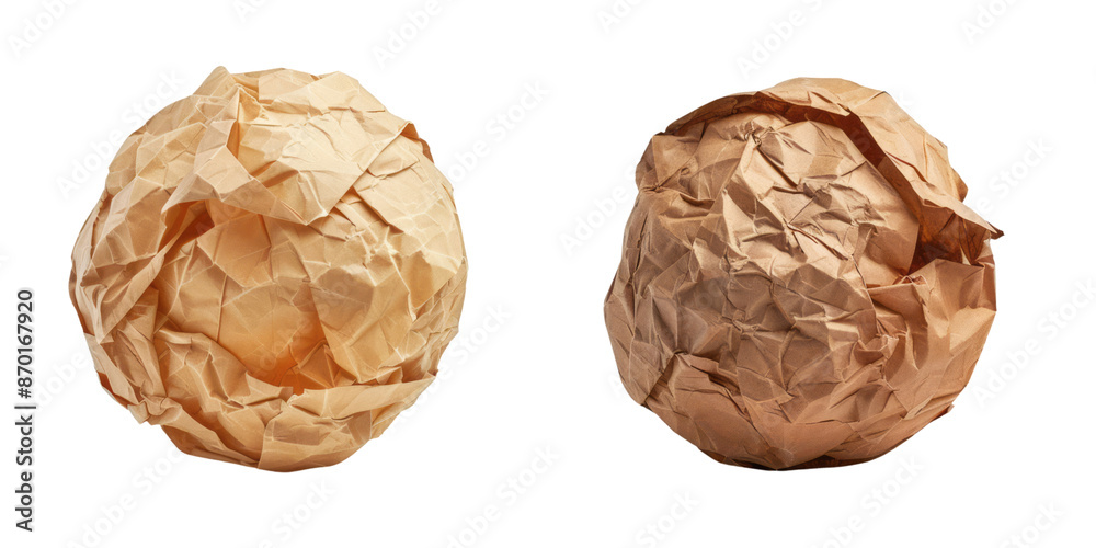 Two different crumpled paper balls isolated on a transparent background, viewed from the front. Two different crumpled paper balls isolated on a transparent background, viewed from the front.